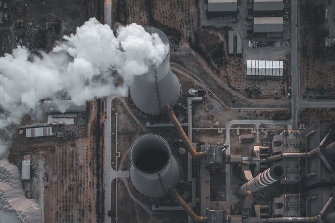 High chimneys and buildings of central heating plant from above